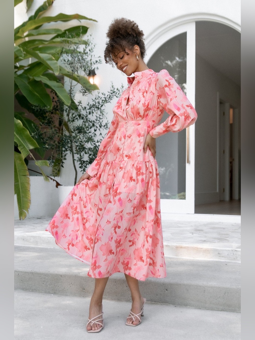 Petal & Pup Pink Floral Ruffle-Detail Long Sleeve Midi Dress